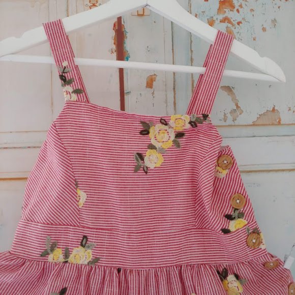 BONNIE JEAN stripe embroidered flower button jumper coverall/12/red wht yellow - Picture 4 of 10